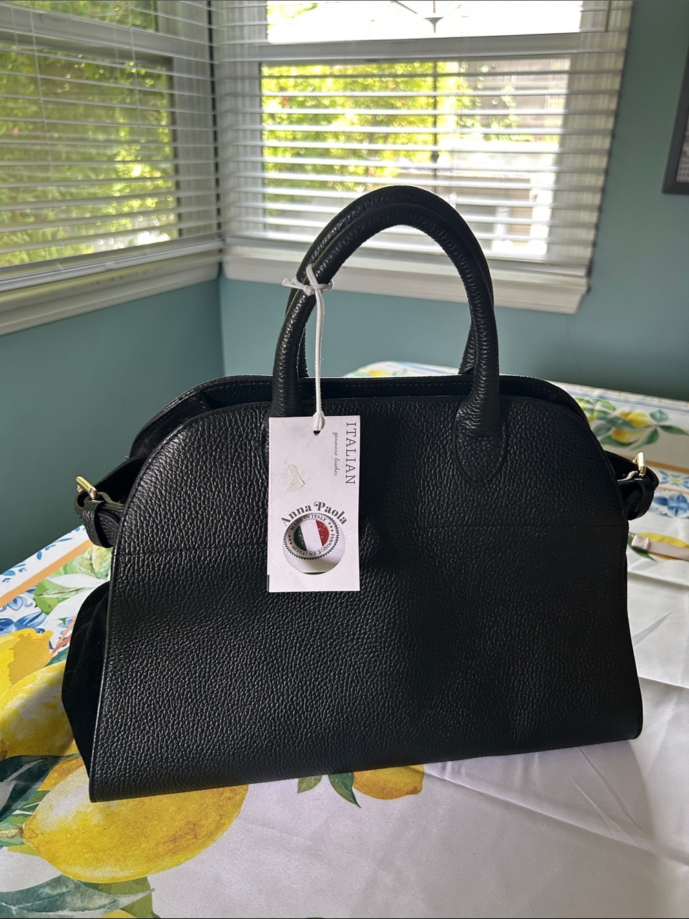 Anna Paola Black Pebbled Italian Leather Satchel with Top Handles 14x11